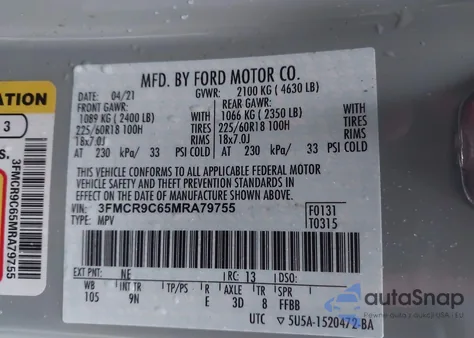 2021 Ford Bronco Sport Outer Banks z USA, uszkodzony, nr VIN 3FMCR9C65MRA79755